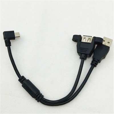 30cm right angle Micro usb 5pin male to Double USB 2.0 A female with panel mount screw with USB 2.0 A male Y splitter cable